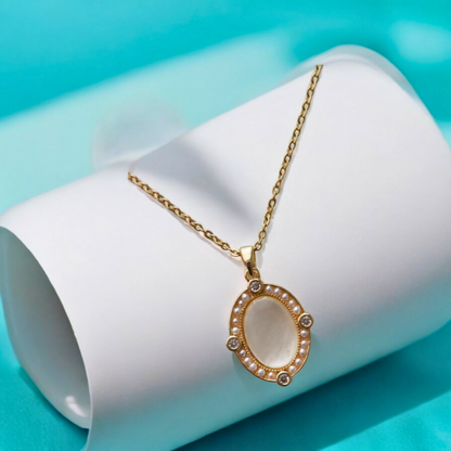 Freya | Gold Plated Oval White Shell Zircon Pendant Necklace