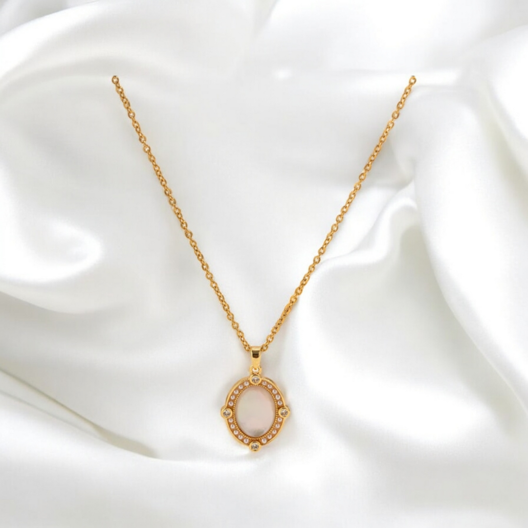 Freya | Gold Plated Oval White Shell Zircon Pendant Necklace