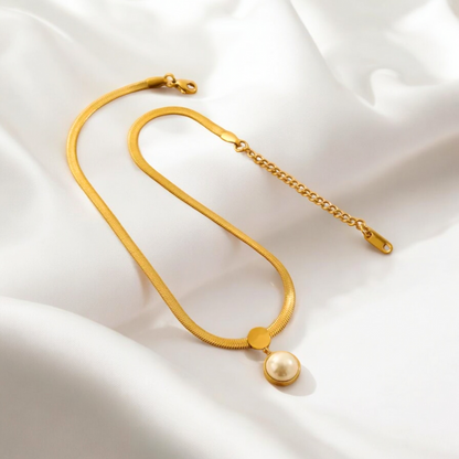 Selyn | Gold Plated Snake Bone Necklace with Round Pearl Pendant