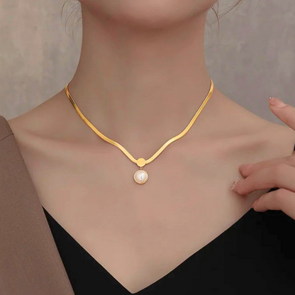 Selyn | Gold Plated Snake Bone Necklace with Round Pearl Pendant