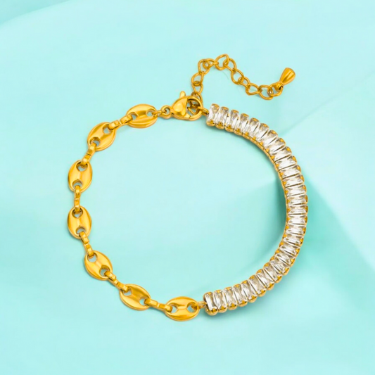 Giselle | Gold Plated Coffee Bean Link Bracelet with Zircons