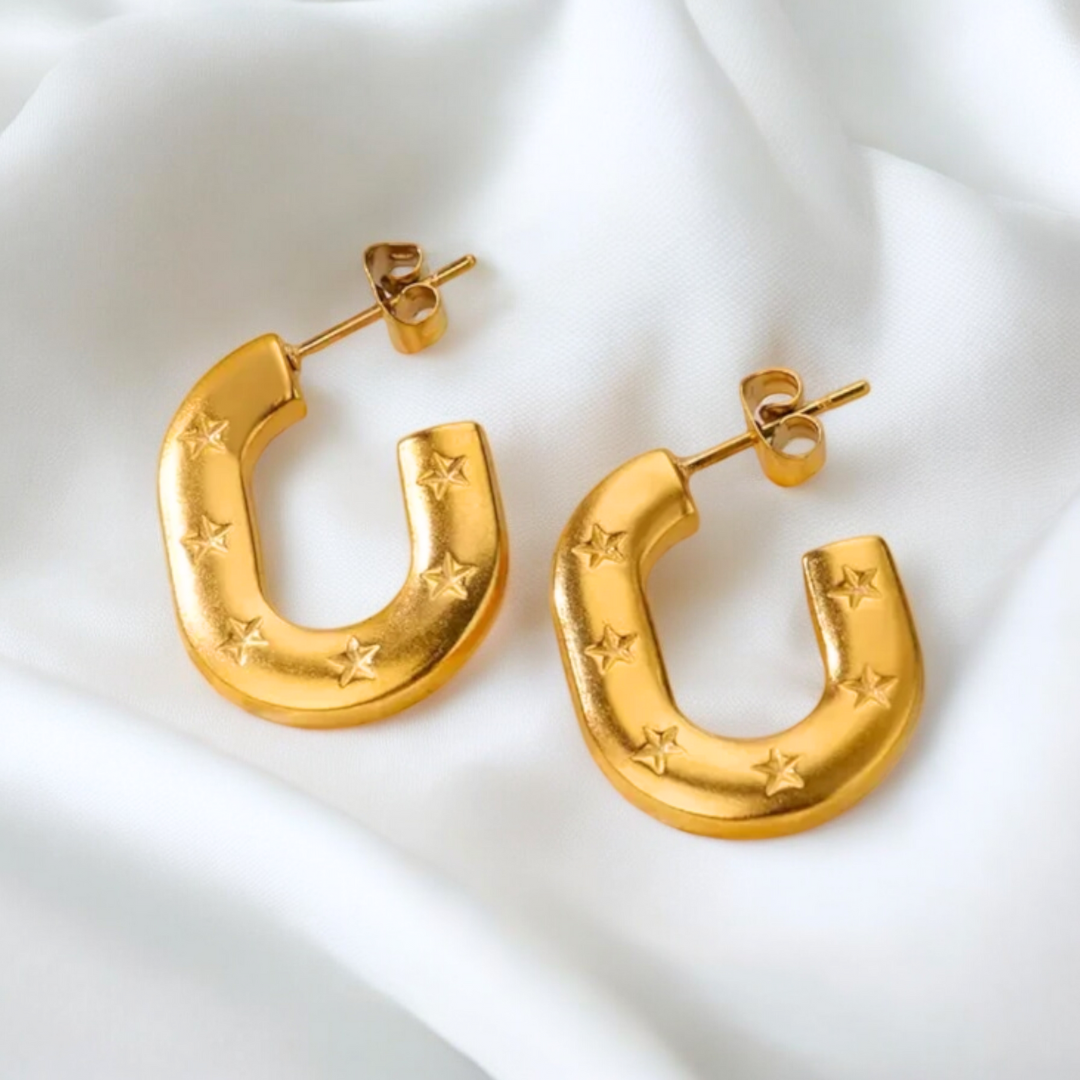 Lynn | Gold Plated Carved Star C Shaped Hoop Earrings