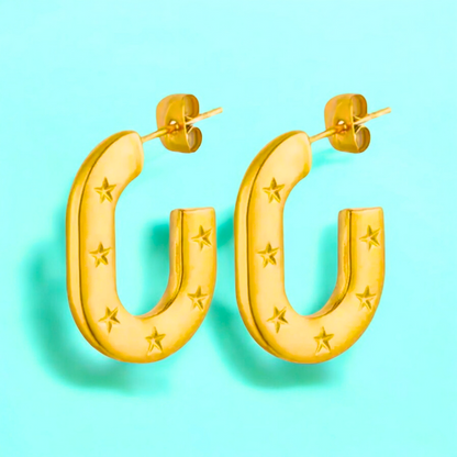 Lynn | Gold Plated Carved Star C Shaped Hoop Earrings