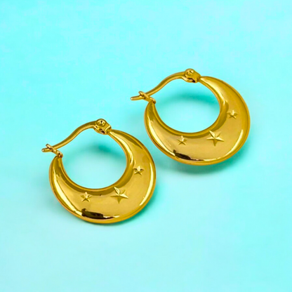 Arletta | Gold Plated Star Carved Crescent Moon Hoop Earrings