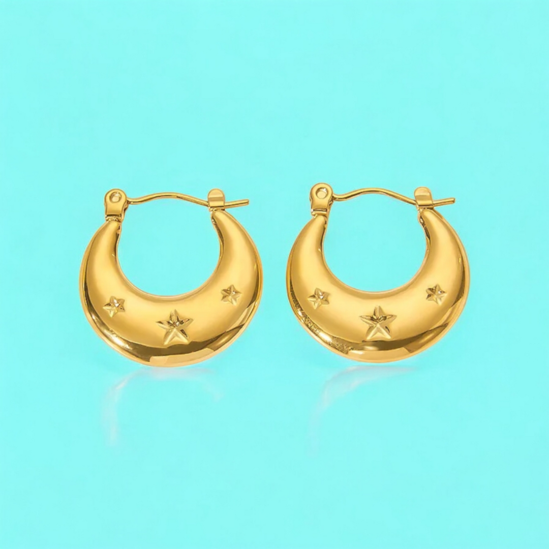 Arletta | Gold Plated Star Carved Crescent Moon Hoop Earrings