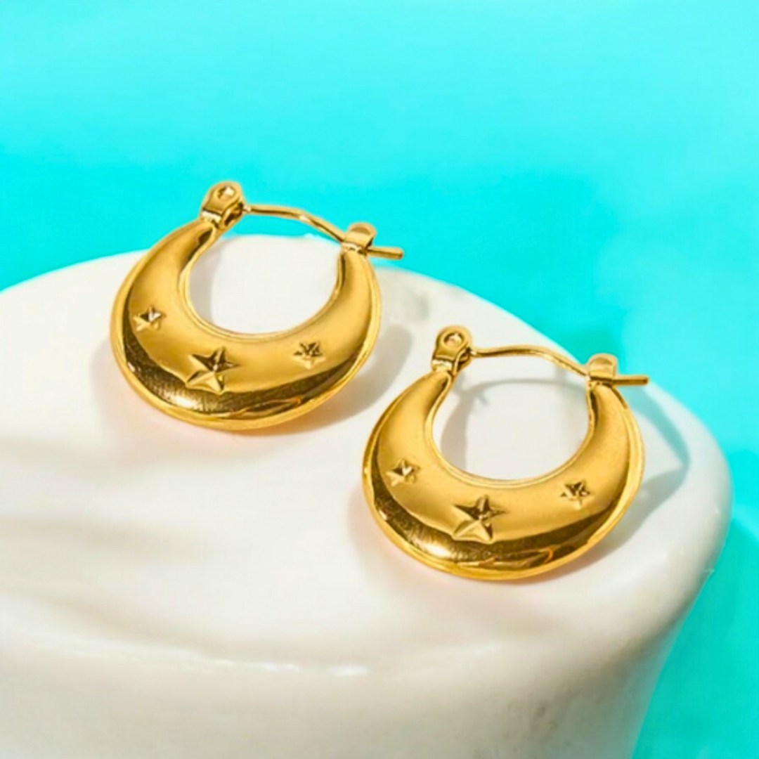 Arletta | Gold Plated Star Carved Crescent Moon Hoop Earrings