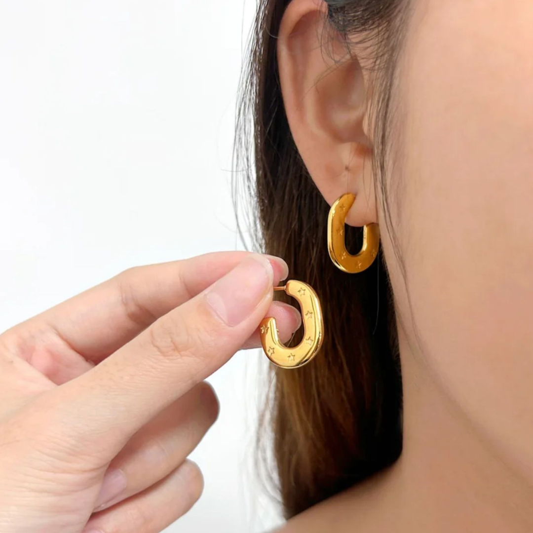 Lynn | Gold Plated Carved Star C Shaped Hoop Earrings