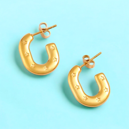 Lynn | Gold Plated Carved Star C Shaped Hoop Earrings