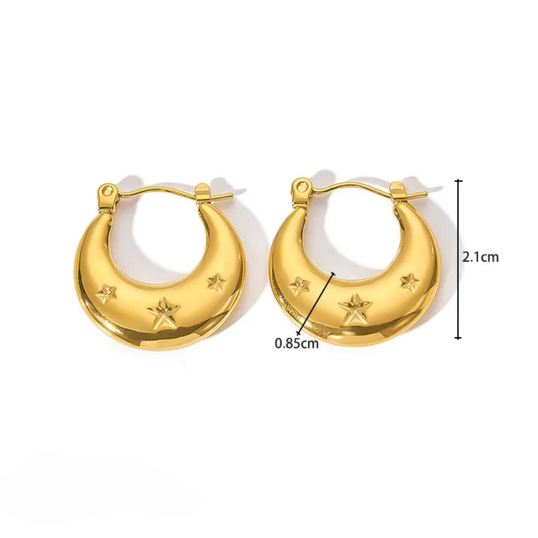 Arletta | Gold Plated Star Carved Crescent Moon Hoop Earrings