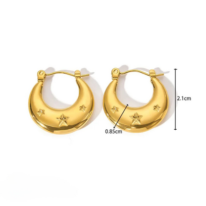 Arletta | Gold Plated Star Carved Crescent Moon Hoop Earrings