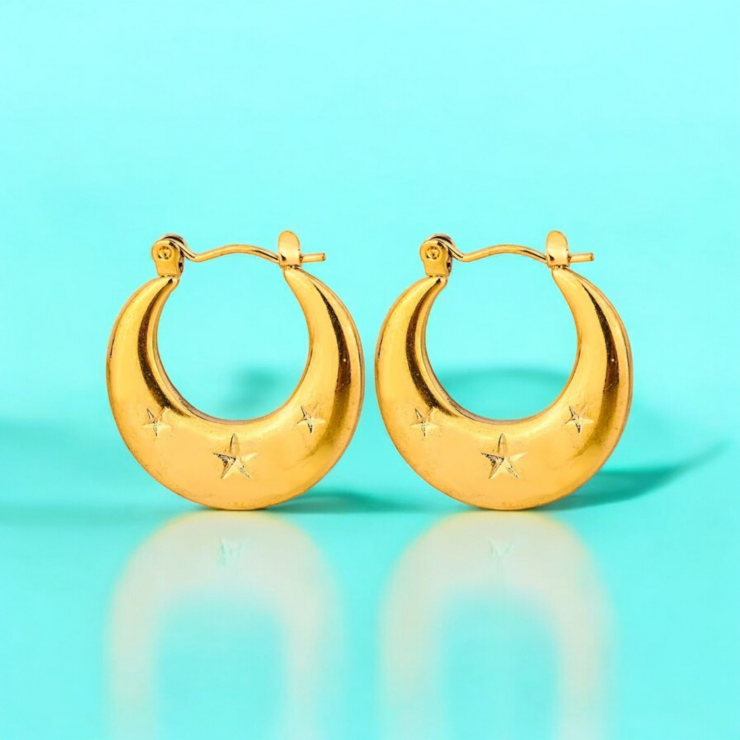 Arletta | Gold Plated Star Carved Crescent Moon Hoop Earrings