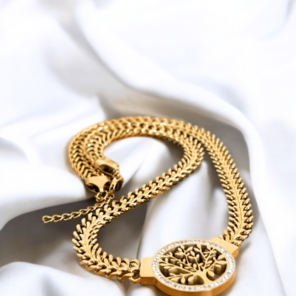 Celia | Gold Plated Tree of Life Crystal Cuban Link Chunky Necklace