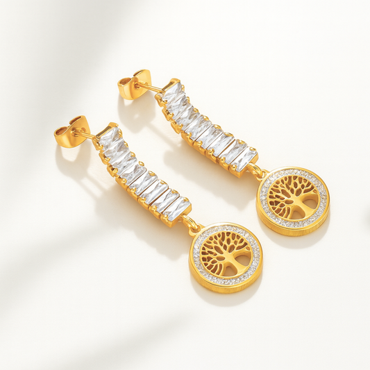 Renata | 18K Gold Plated Tree of Life Zircon Dangle Drop Waterproof Earrings