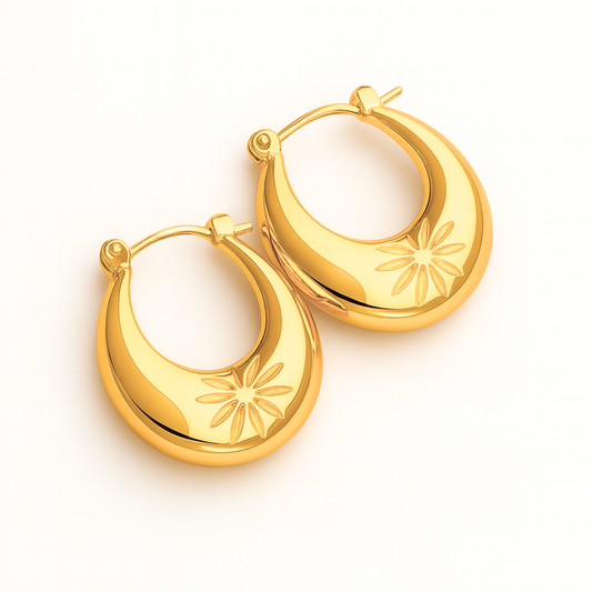 Lucy | 18K Gold Plated Circular Flower Carved Hoop Waterproof Earrings