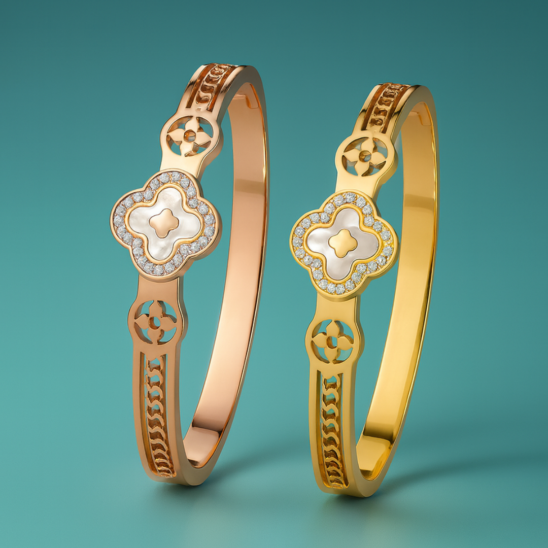 Erin | Gold Plated White Clover charm Zircon Cuff Bracelet Bangle