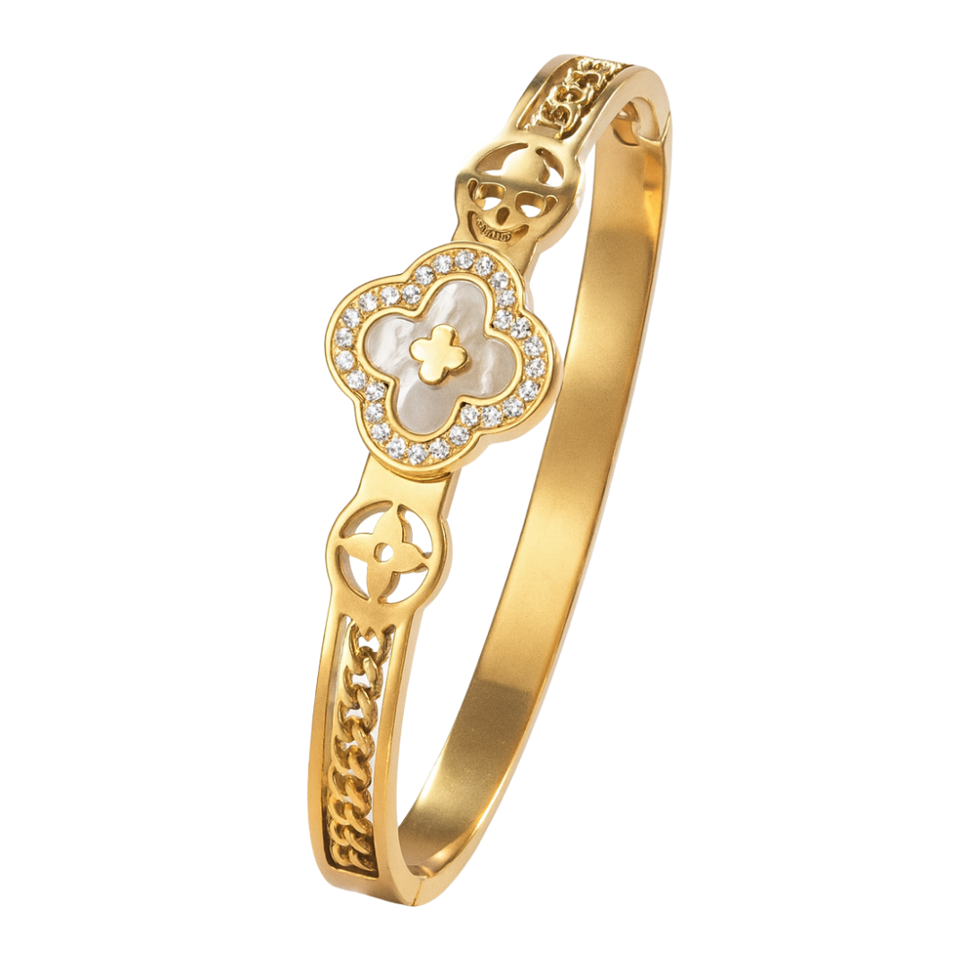 Erin | Gold Plated White Clover charm Zircon Cuff Bracelet Bangle