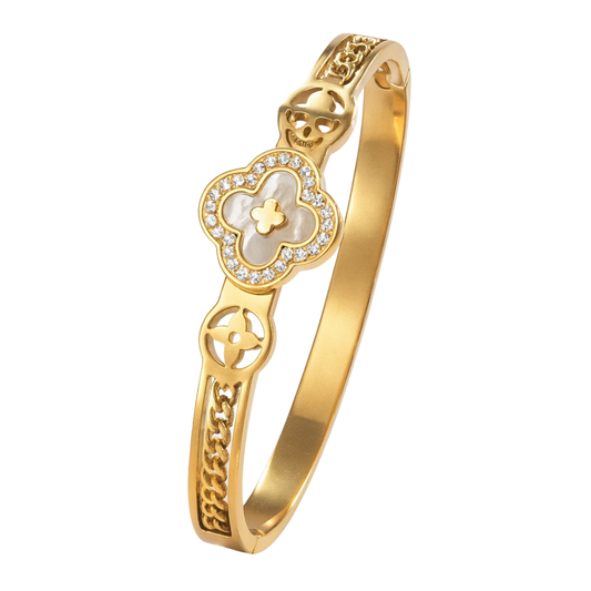 Erin | Gold Plated White Clover charm Zircon Cuff Bracelet Bangle