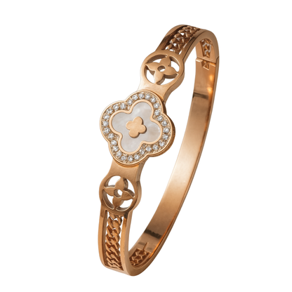 Erin | Gold Plated White Clover charm Zircon Cuff Bracelet Bangle