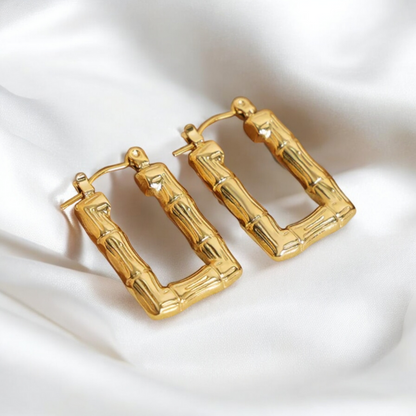 Daphne | Gold Plated Bamboo Design Rectangular Hoop Earrings