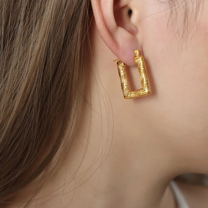 Daphne | Gold Plated Bamboo Design Rectangular Hoop Earrings