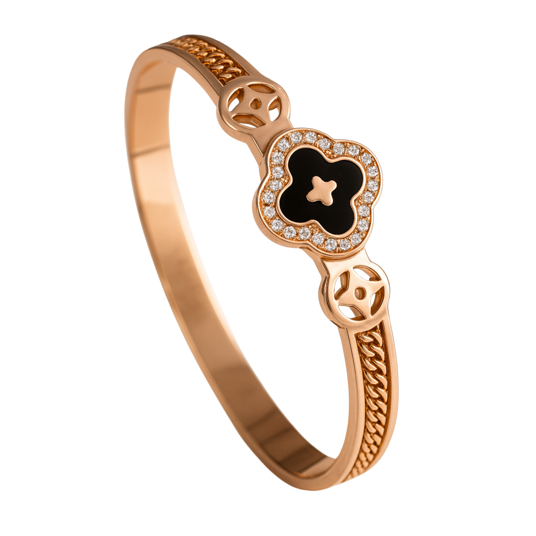 Alara | 18K Gold Plated Black Clover Zircon Cuff Bracelet Bangle
