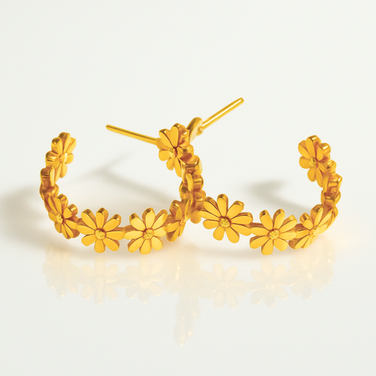 Tina | 18K Gold Plated Flower Motif C Shaped Hoop Waterproof Earrings