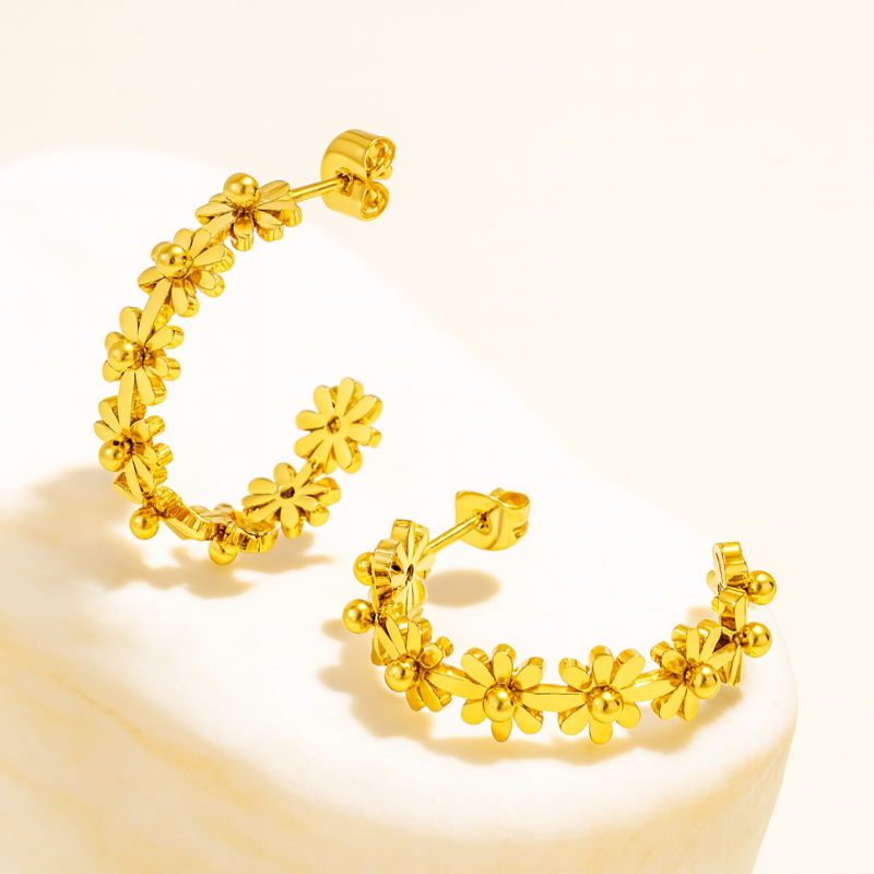 Tina | 18K Gold Plated Flower Motif C Shaped Hoop Waterproof Earrings