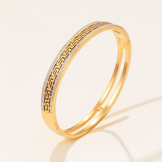 Tatiana | Gold Plated Greek Key Greatwall Zircon Cuff Bracelet Bangle