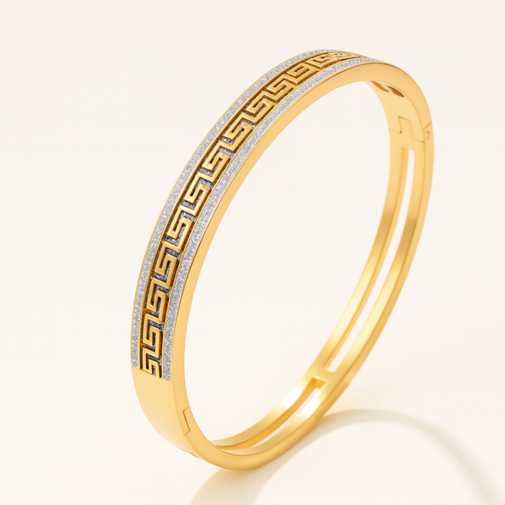 Tatiana | Gold Plated Greek Key Greatwall Zircon Cuff Bracelet Bangle
