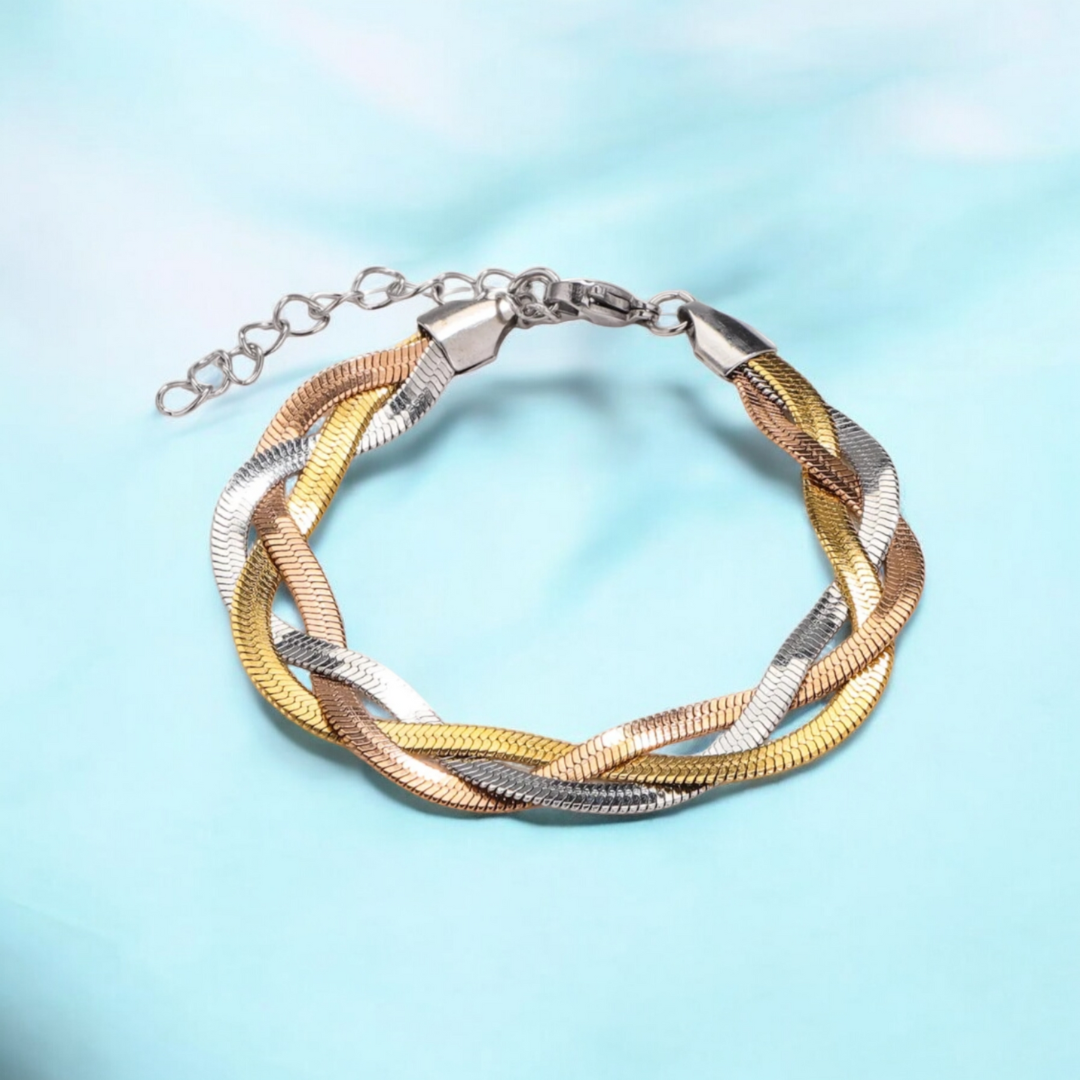 Alexandra | Gold and Tri-Color Plated Braided Weaved Snake Chain Bracelet