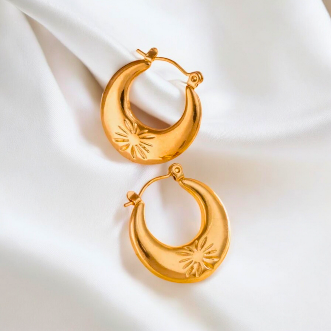 Lucy | Gold Plated Circular Flower Carved Hoop Earrings