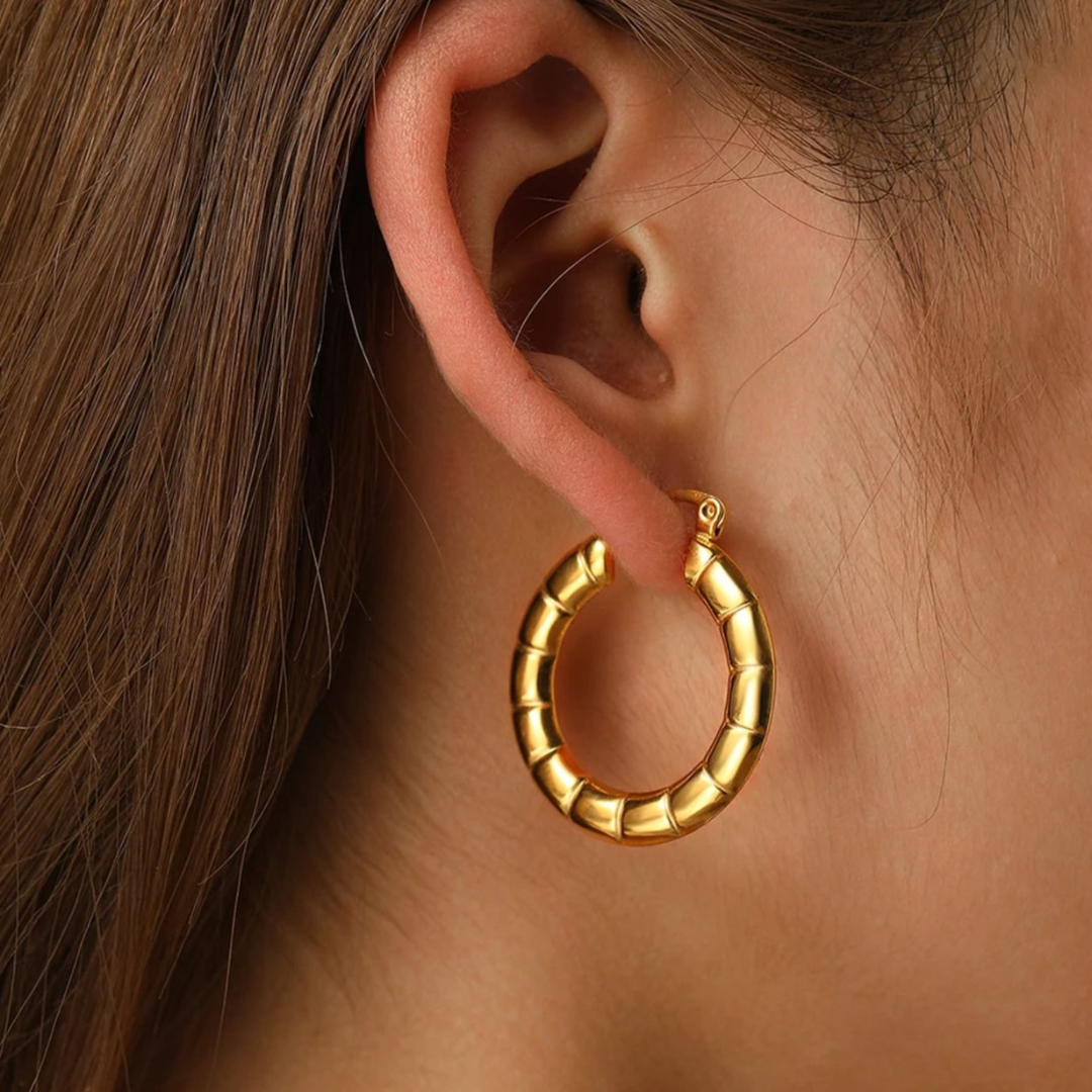 Avira | Gold Plated Round Circle Textured Hoop Earrings