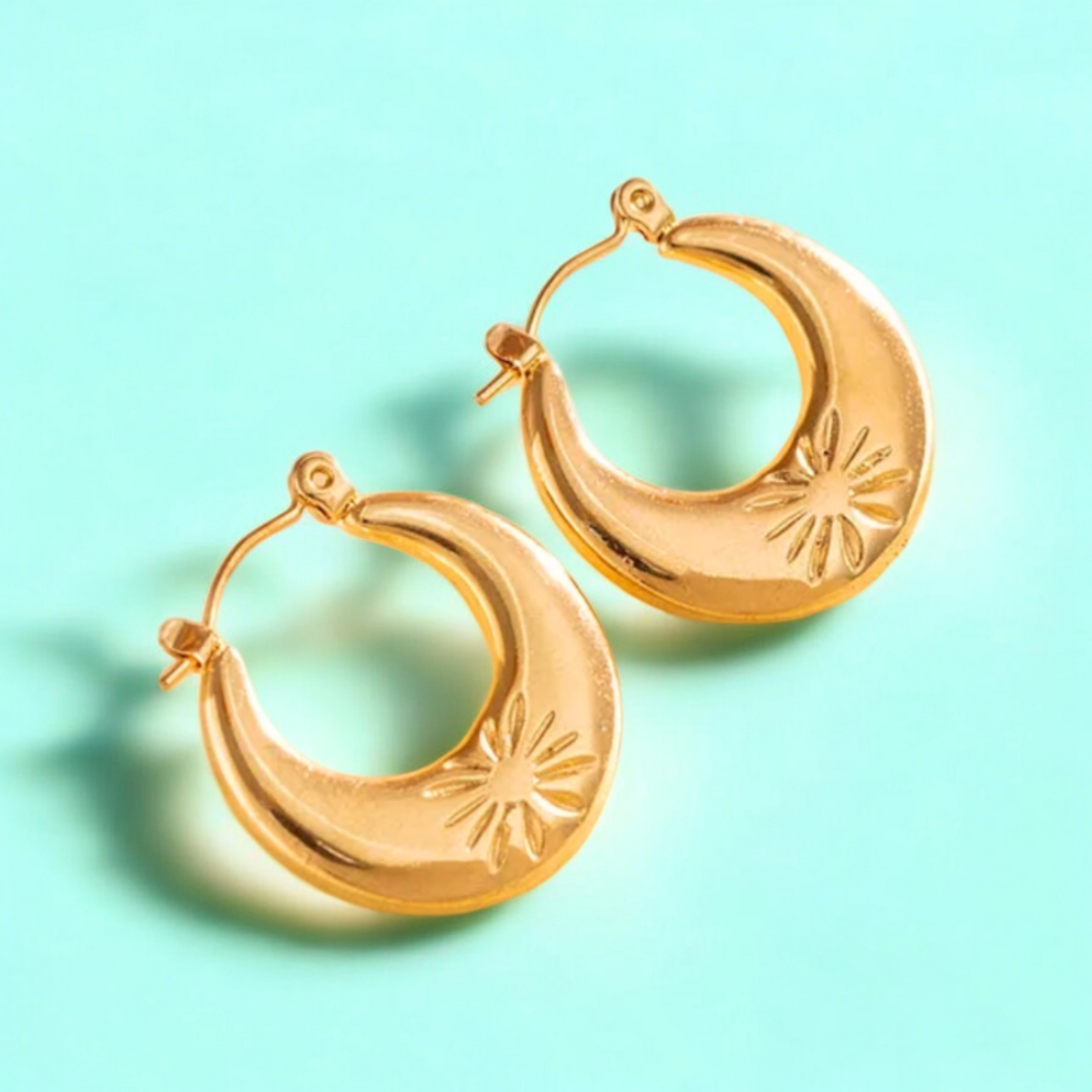 Lucy | Gold Plated Circular Flower Carved Hoop Earrings