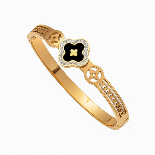 Alara | Gold Plated Black Clover Zircon Cuff Bracelet Bangle