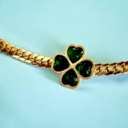 Rivelle | Gold-Plated Four-Leaf Clover Cuban Necklace with Green Zircons