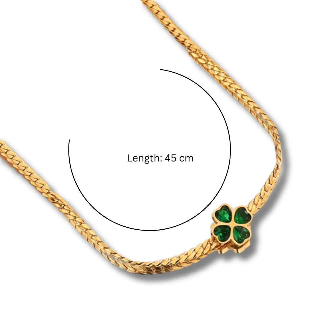 Rivelle | Gold-Plated Four-Leaf Clover Cuban Necklace with Green Zircons