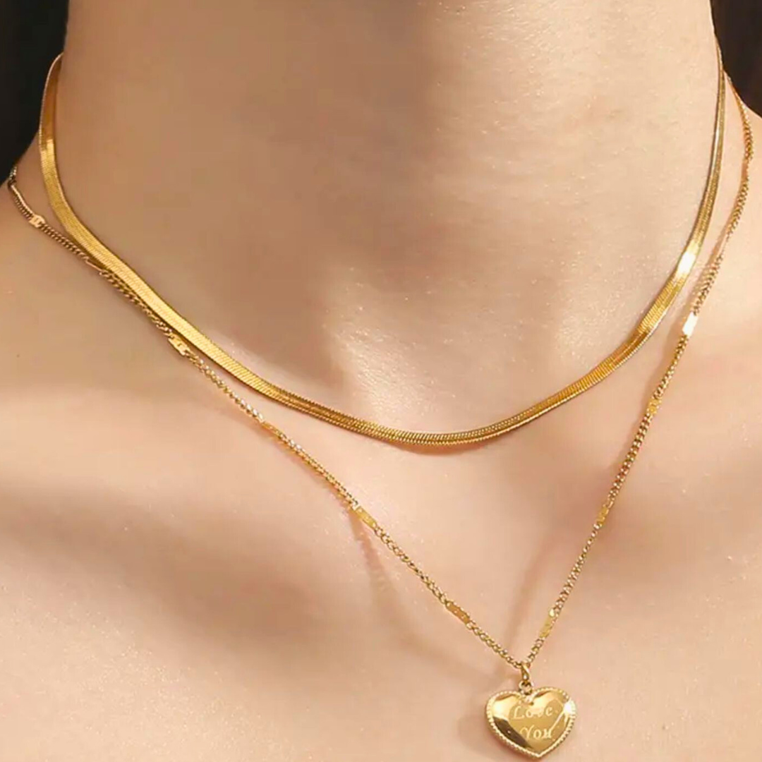 Ariat | Gold Plated Heart Double Layered Flat Snake with Zircon Chain Necklace