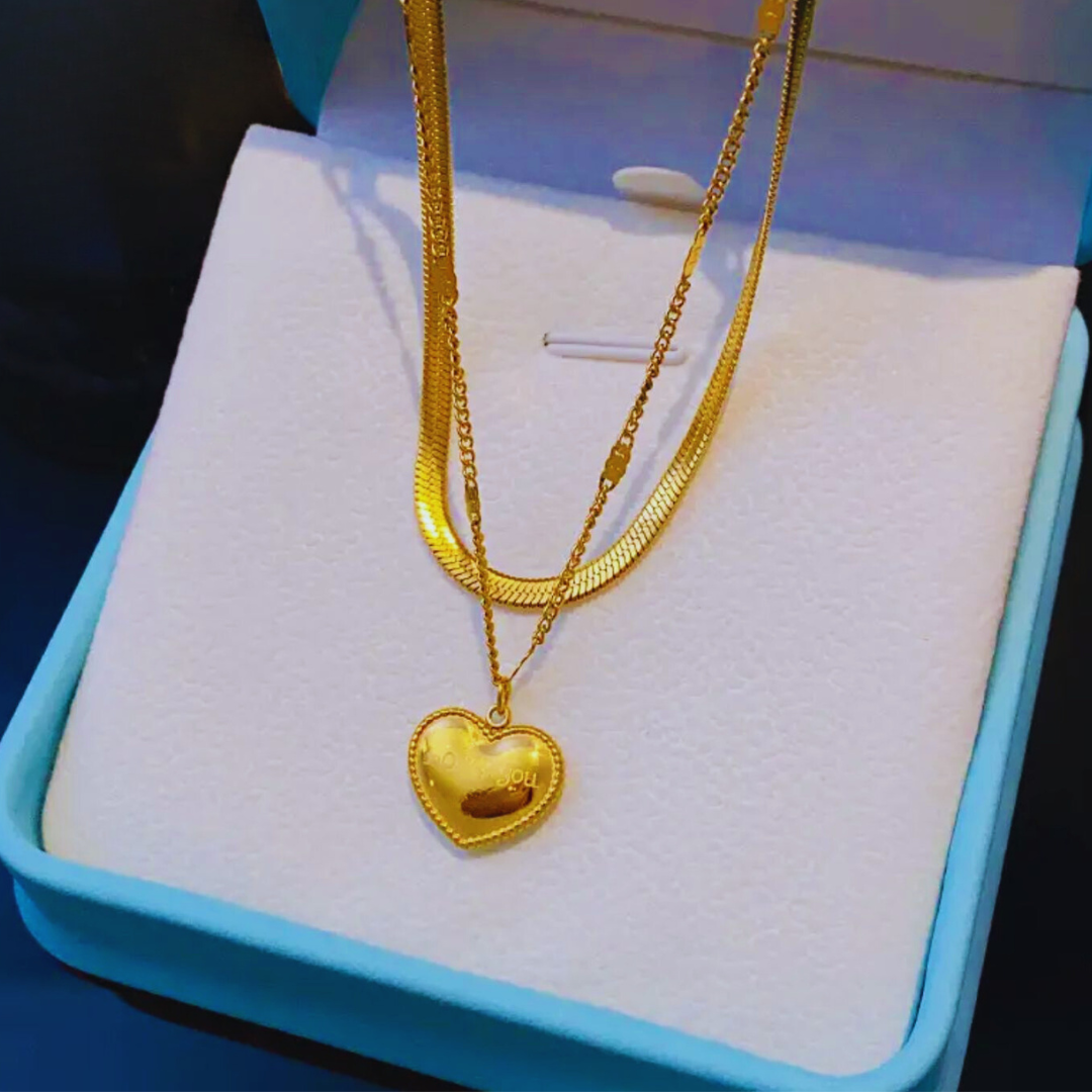 Ariat | Gold Plated Heart Double Layered Flat Snake with Zircon Chain Necklace