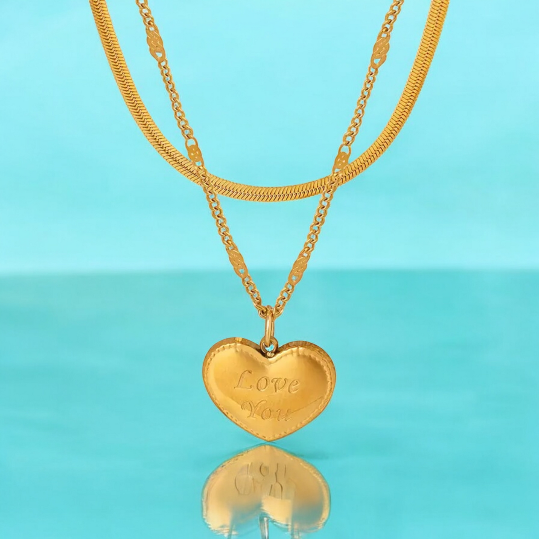 Ariat | Gold Plated Heart Double Layered Flat Snake with Zircon Chain Necklace