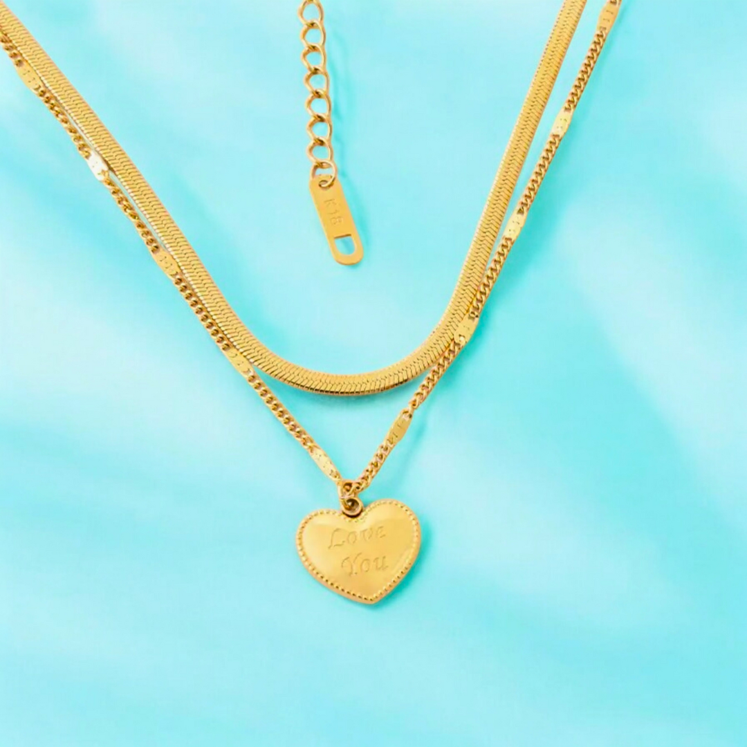 Ariat | Gold Plated Heart Double Layered Flat Snake with Zircon Chain Necklace