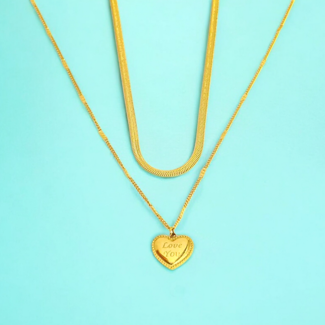 Ariat | Gold Plated Heart Double Layered Flat Snake with Zircon Chain Necklace