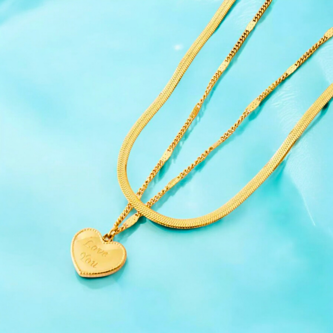 Ariat | Gold Plated Heart Double Layered Flat Snake with Zircon Chain Necklace