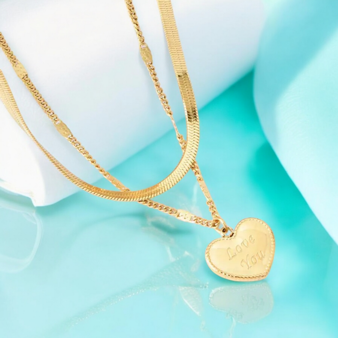 Ariat | Gold Plated Heart Double Layered Flat Snake with Zircon Chain Necklace