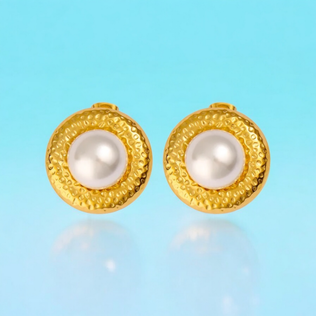 Nerina | Gold Plated Pearl Round Nest Stud Earrings