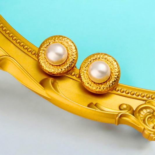 Nerina | Gold Plated Pearl Round Nest Stud Earrings