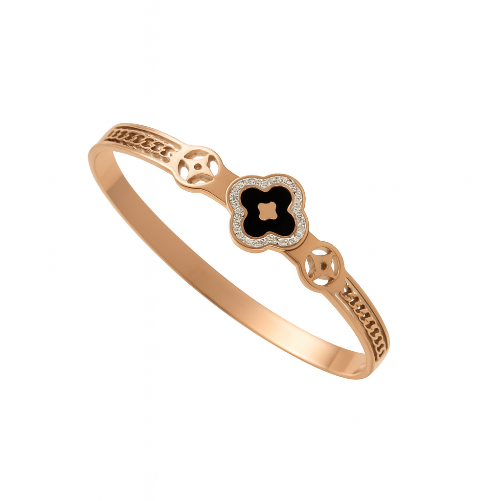 Alara | Gold Plated Black Clover Zircon Cuff Bracelet Bangle