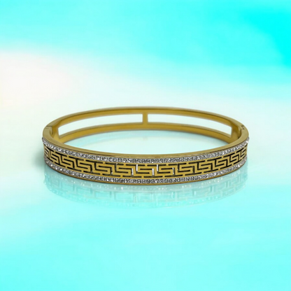 Tatiana | Gold Plated Greek Key Greatwall Zircon Cuff Bracelet Bangle