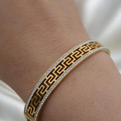 Tatiana | Gold Plated Greek Key Greatwall Zircon Cuff Bracelet Bangle