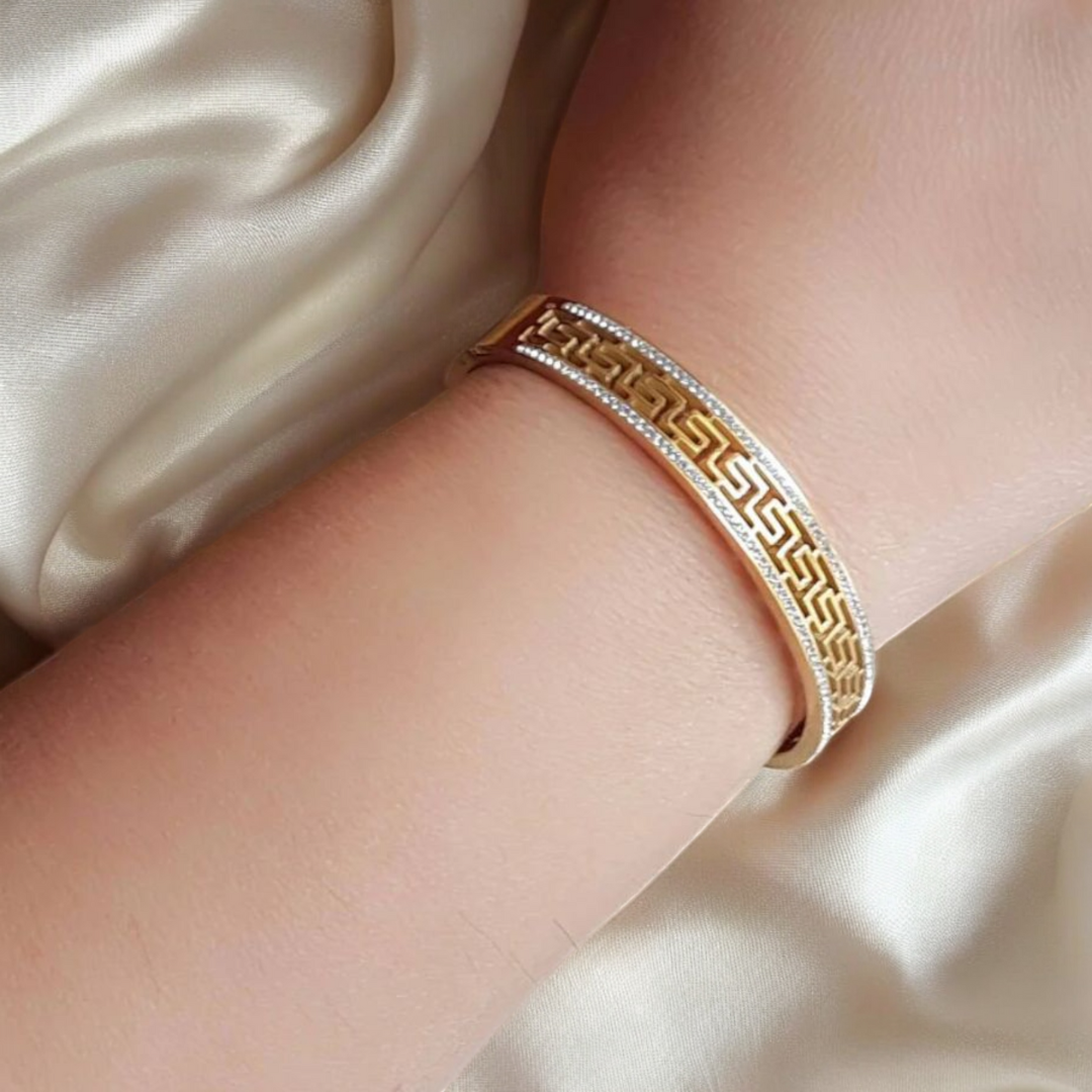 Tatiana | Gold Plated Greek Key Greatwall Zircon Cuff Bracelet Bangle