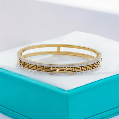 Tatiana | Gold Plated Greek Key Greatwall Zircon Cuff Bracelet Bangle